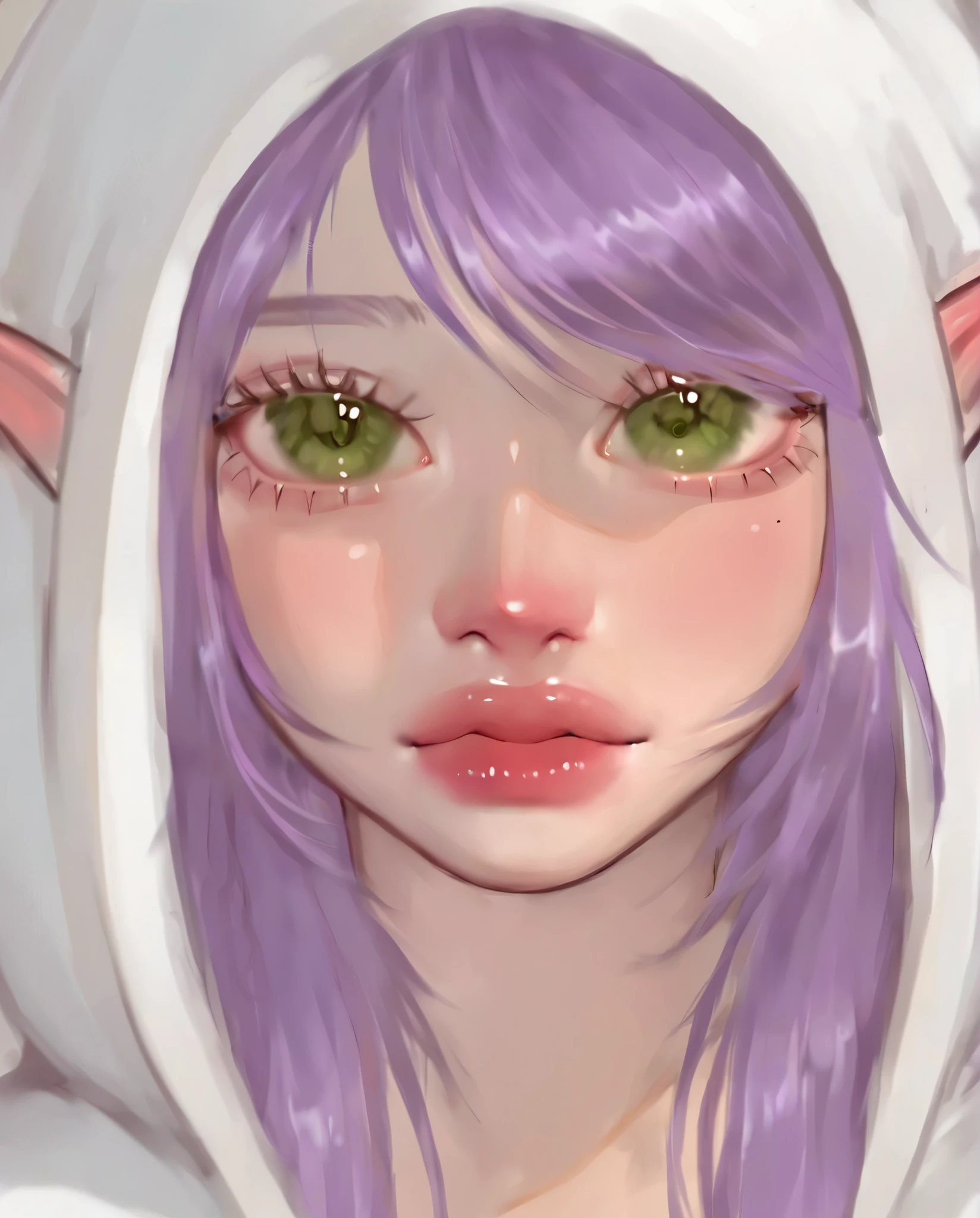 score_9, score_8_up, score_7_up, puririkaaa_style, close-up, portrait, elf, pointy ears, purple hair, long hair, green eyes, white hoodie, 1girl, solo, looking at viewer 