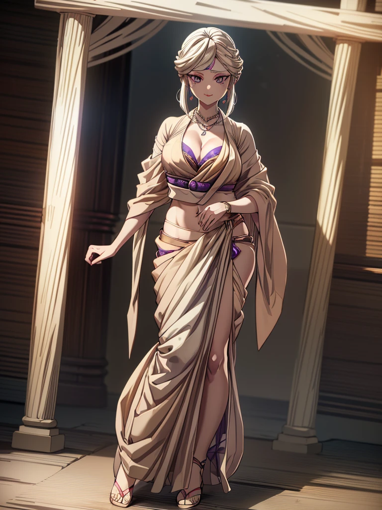 (8k, RAW photos, minino:1.1) ,female,(looki at viewer company),cowboy lens,Japanese,amane ubuyashiki / (demon slayer\),(fullbody saree:1.1),La Brett Piercing,cleavage,(((beige saree))),seductive smile,Be red on the face, full body photo, standing, lean, muscular legs, muscular belly, white hair ,purple eyes,asymmetrical hair,forehead,ringed eyes, seductive pose, Professional lighting、photon mapping、physics-based rendering、dark theme,wearing wifs, jewellery and necklace, alone, extreme high quality, legs covering saree