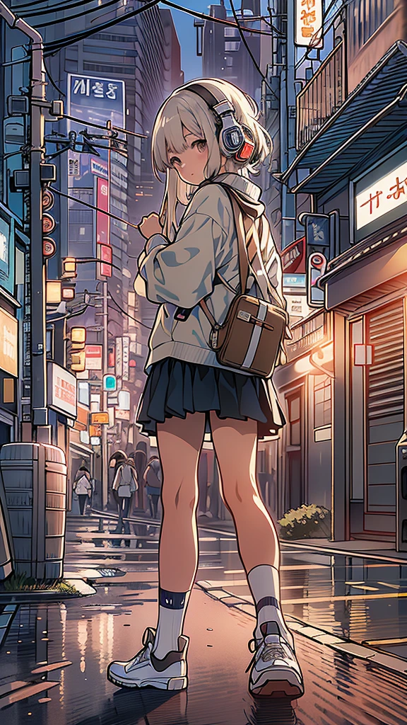 (masterpiece), (highest quality:1.4), (Ultra-high resolution:1.2),  Highly detailed background, (unity 8k wallpaper), Cute high school girl wearing headphones walking through the streets of Tokyo。Illustrations inspired by city pop culture、、Wear loose socks for a stylish and nostalgic look、Display one subject without splitting the screen、************、tall、evening、night、Background sepia