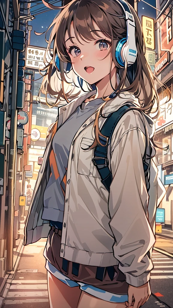 (masterpiece), (highest quality:1.4), (Ultra-high resolution:1.2),  Highly detailed background, (unity 8k wallpaper), Cute high school girl wearing headphones walking through the streets of Tokyo。Illustrations inspired by city pop culture、、Wear loose socks for a stylish and nostalgic look、Display one subject without splitting the screen、************、tall、evening、night、Background sepia