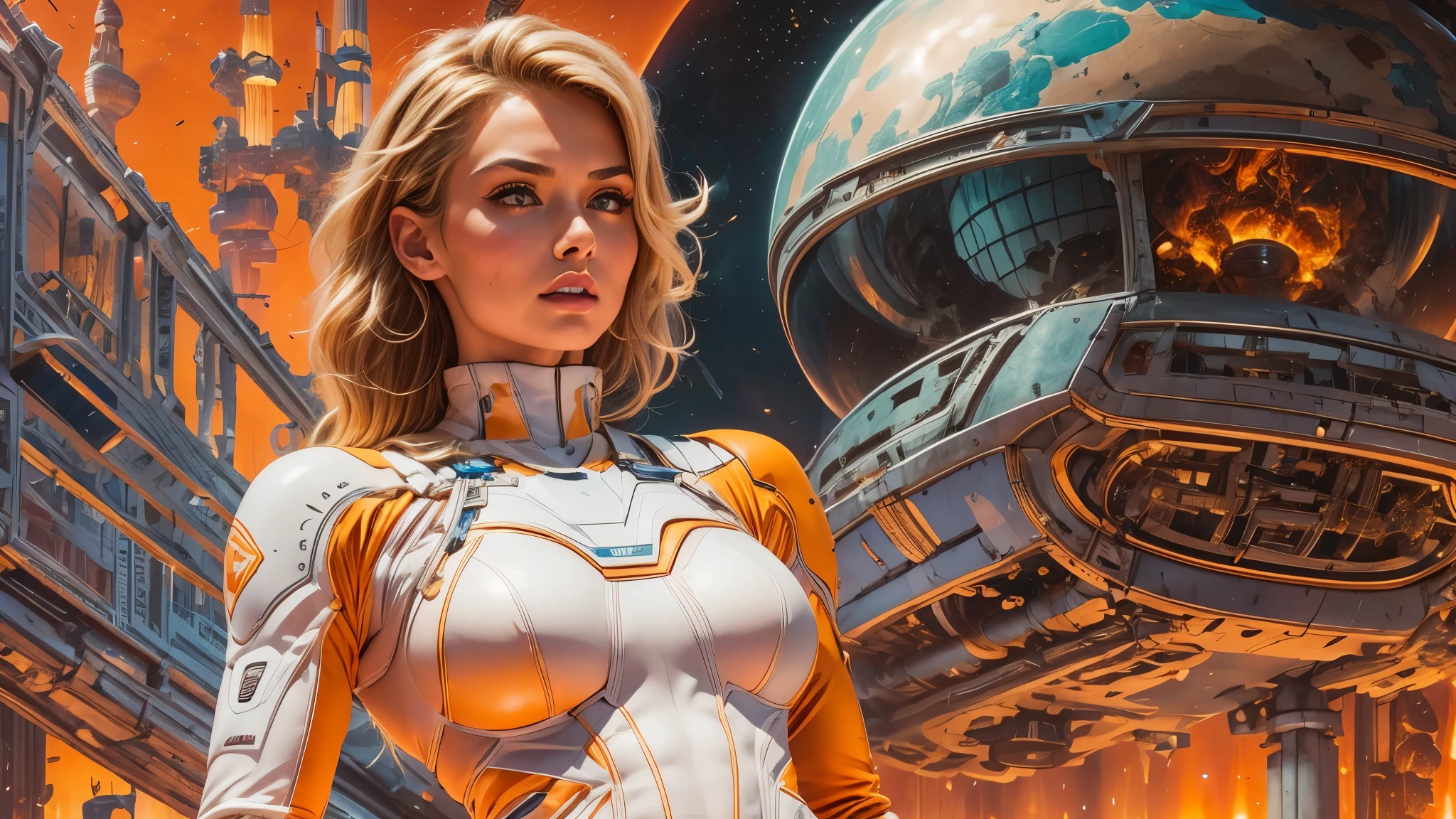 arafed image of a white woman in a futuristic suit with a spaceship in the background, movie art, in front of an orange background, inspired by Robert McGinnis, female protagonist, megastructure in the background, portrait of an ai astronaut, astronauts, an astronaut, portrait of a astronaut skeletor, perfect android girl, detailed eyes, perfectly detailed teeth, frank franzzeta and sakimichan