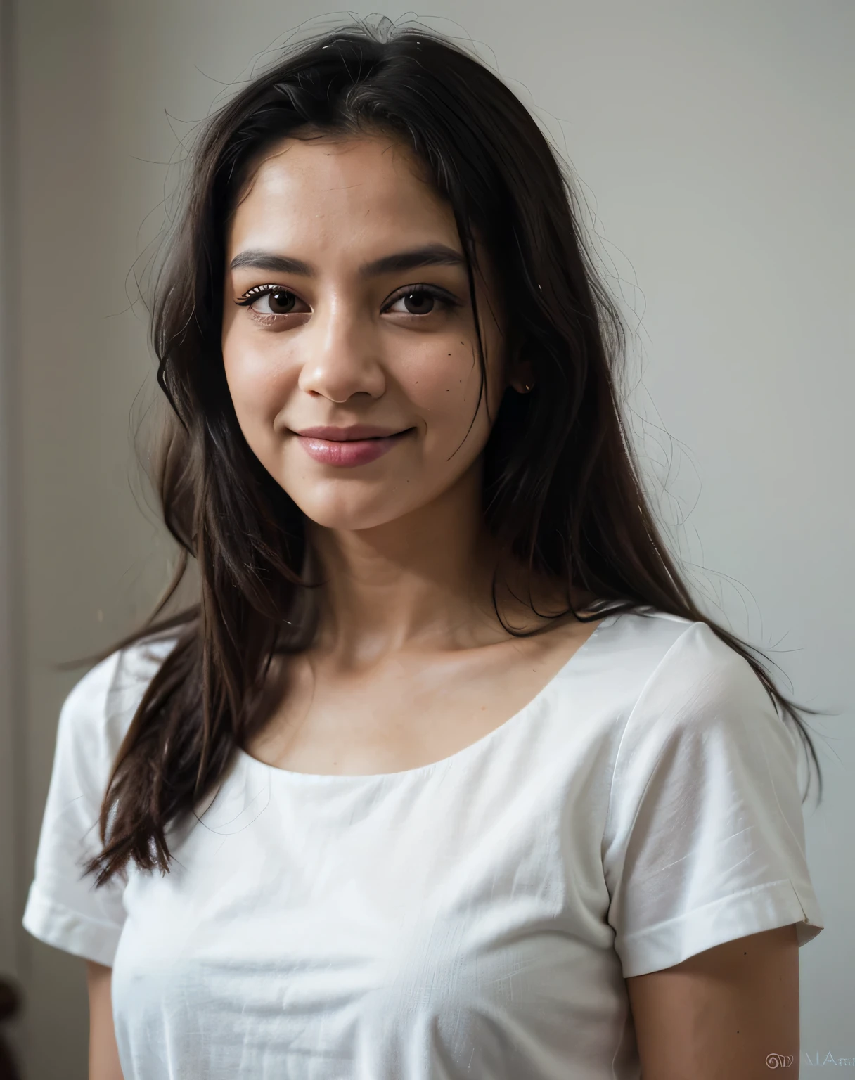 Best quality, UHD, 4K: 1.2), Portrait format, (indian woman), 35 years old, (long black hair: 1.5), (black-colored eyes: 1.3), smiling (sonriendo: 0.8), white blouse (playera blanca: 1), front view, (highest detail, photorealistic: 1.1). This stunning portrait showcases a 35 -year-old indian woman with long, lustrous black hair framing her beautiful, miel-colored eyes. Her radiant smile lights up her flattering expression as she looks directly at the camera. The image innocent face, face-length 1.3 times the face-width, almond-shaped eyes, squared face-shape, high cheekbones, naturally wavy hair, light-green eyes, high-res, masterpiece, best quality, intricate details, very detailed, sharp focus, detailed skin, realistic skin texture, texture, detailed eyes, professional, 4k, charming smile, shot with Canon, depth of field, Kodak Vision color, perfectly fitting body, extremely detailed, photo_\( ultra\), photorealistic, realistic, post processing, maximum details, roughness, real life, ultrarealistic, photorealism, photography, 8k UHD, photography