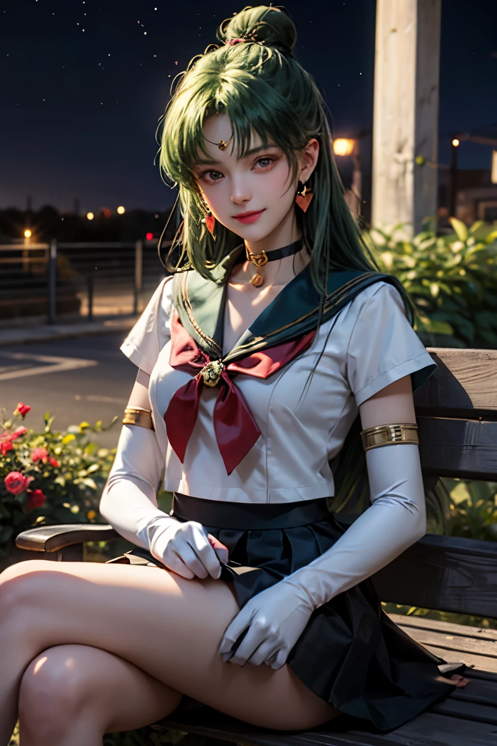 EPsmPluto, Red eyes, Long Green Hair, Hair Bun, Gold Ring, choker, Earrings, Red ribbon, Sailor Warrior Uniforms, white elbow gloves, Black Skirt, View your viewers, Severe, smile, Sitting, On the bench, Crossing your legs, outside, garden, wood, performer, at night, high quality, masterpiece, 