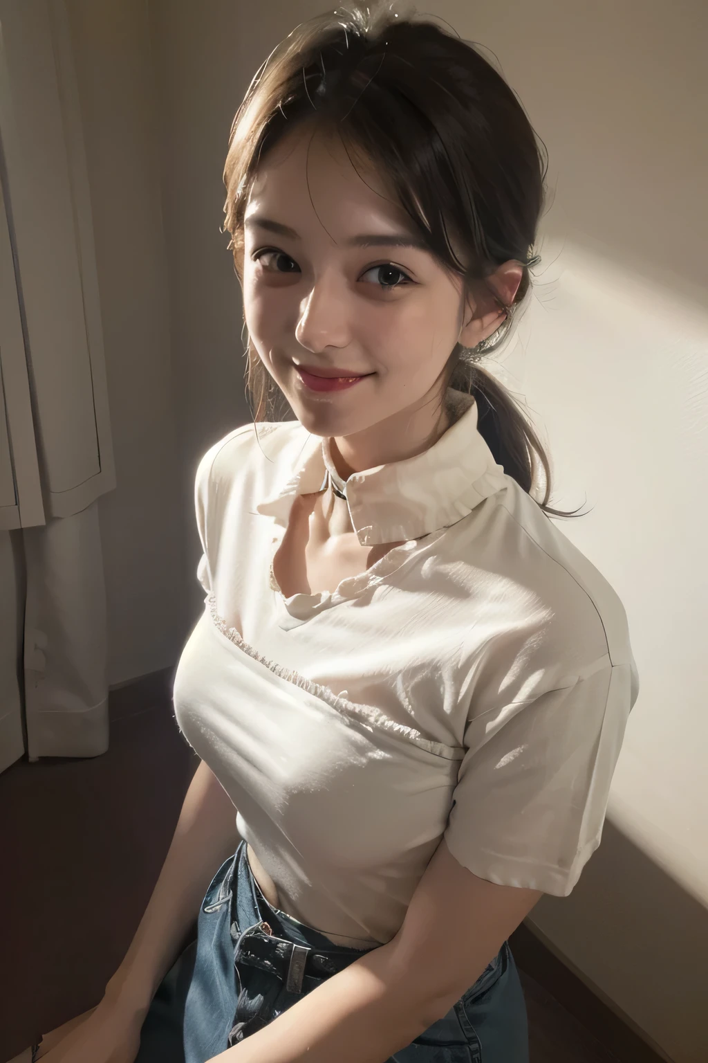 best quality, masterpiece, (photorealistic:1.4), 1girl, light smile, shirt with collars, waist up, dramatic lighting, from below