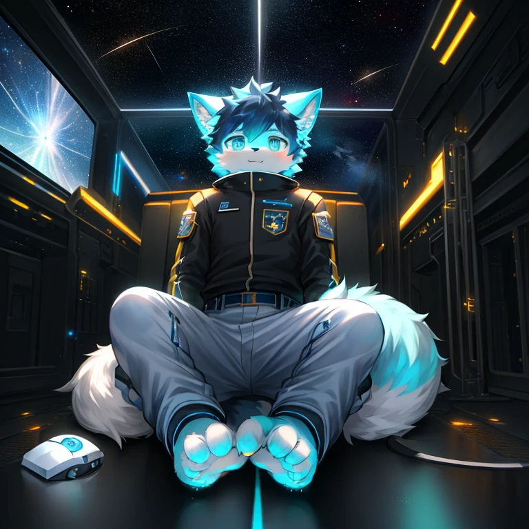 "(High quality sci-fi scenery and shadows，Ray Tracing，Particle Effects，8k resolution)，(Cat-eared Shota boy and a huge wolf tail+The ears are big and long)of(White luminous pants+皮毛是白色of+Yellow and blue luminous clothes)，Wearing futuristic sci-fi naval command uniform，Space Helmet，Animal-type feet，散发着神秘又英气of可爱气质。"