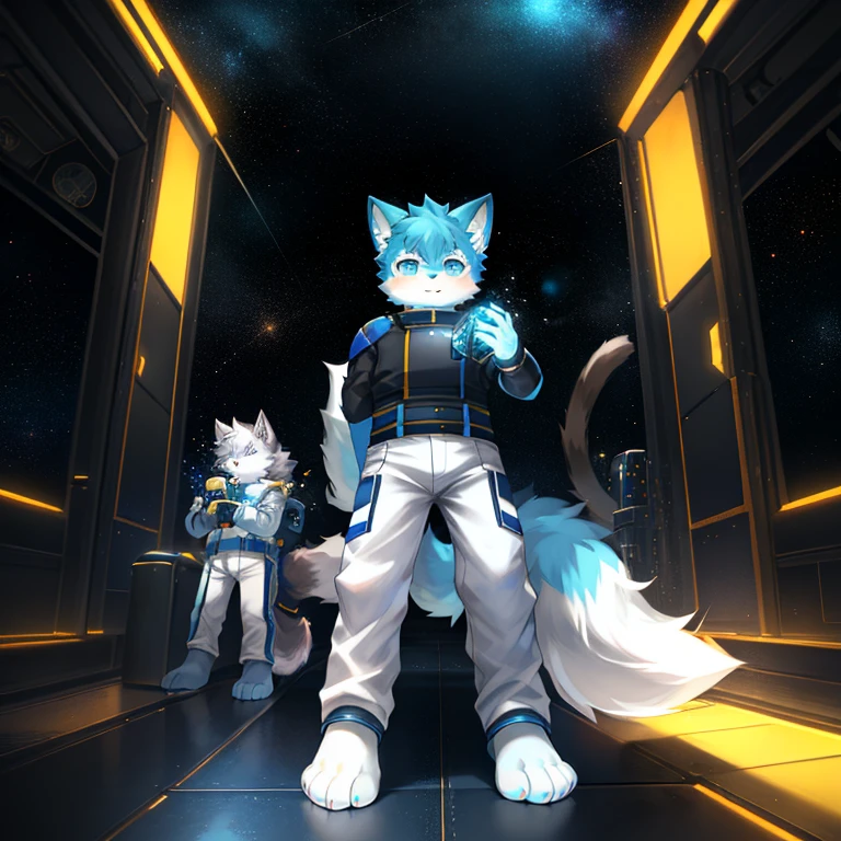 "(High quality sci-fi scenery and shadows,Ray Tracing,Particle Effects,8k resolution),(Cat-eared Shota boy and a huge wolf tail+The ears are big and long)of(White luminous pants+皮毛是白色of+Yellow and blue luminous clothes),Wearing futuristic sci-fi naval command uniform,Space Helmet,Animal-type feet,散发着神秘又英气of可爱气质。"