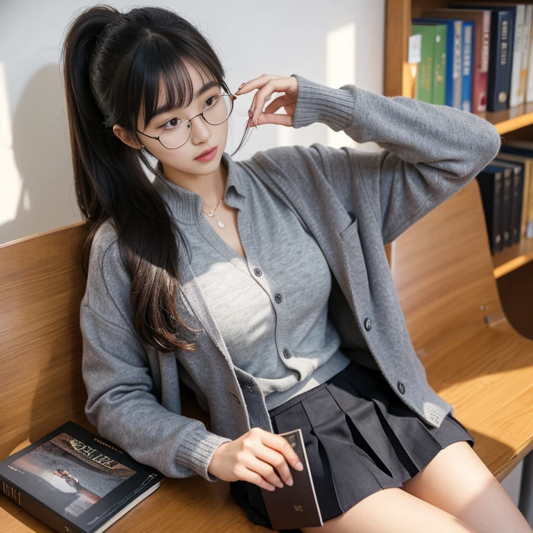 Korean college style, Extra-long ponytail, Parted bangs, Round glasses, Wear , Dark grey cardigan jacket, Dark grey suit jacket, Pleated Skirt, mini skirt，Reading books in the library, The morning sun pours down，Shy and quiet girl, Reserved and dignified，Looking beyond, Very fine hair, Intricate details, best quality, Realistically，need，masterpiece