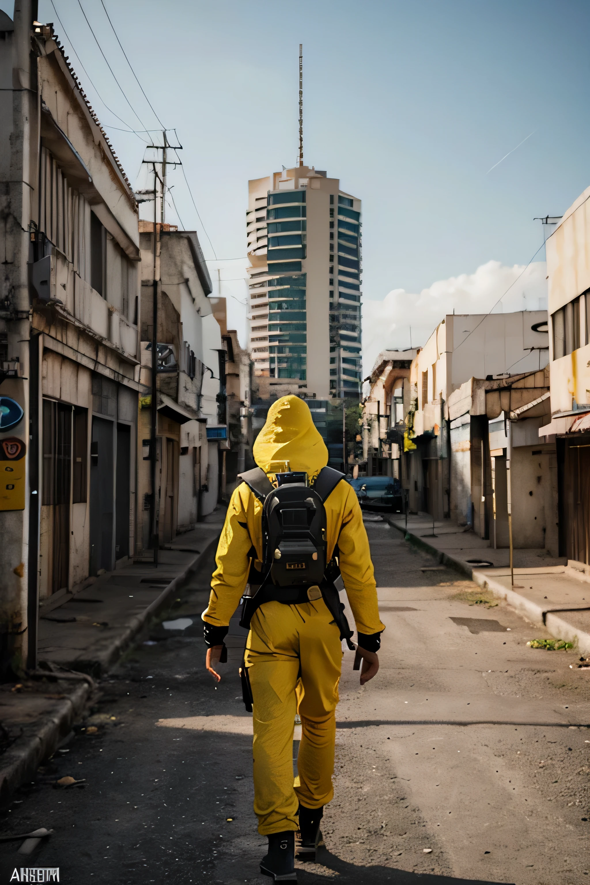 Generate a hyper-realistic image of a man walking alone on a deserted street in Goiânia in Brazil after the Cesium 137 nuclear accident. Anos 90, The man must be seen from behind, wearing a full yellow radiation protection suit. The scene must be chaotic and inspired by the science fiction style, com riqueza em texturas e detalhes. a dystopian and cinematic look. Insira alguns lixos espalhados pela rua, an old x-ray machine, ruinas de um hospital. Additional parameters: - Estilo de arte: Sci-fi Lighting: Cinematic, destacando o personagem e criando sombras realistas. - Texturas: Realistic details about the protective suit, buildings, e a paisagem desolada. -Ambiente: Adicione elementos que lembrem o desastre nuclear, as ruin and degradation. - Cor: Use uma paleta de cores escura e futurista, with an emphasis on neon tones. -Foco: Concentre-se no personagem, emphasizing loneliness and the post-apocalyptic environment. Ensure the generated image is high resolution and captures the desired sci-fi atmosphere. Experiment with adjusting the parameters as needed to achieve the desired result.