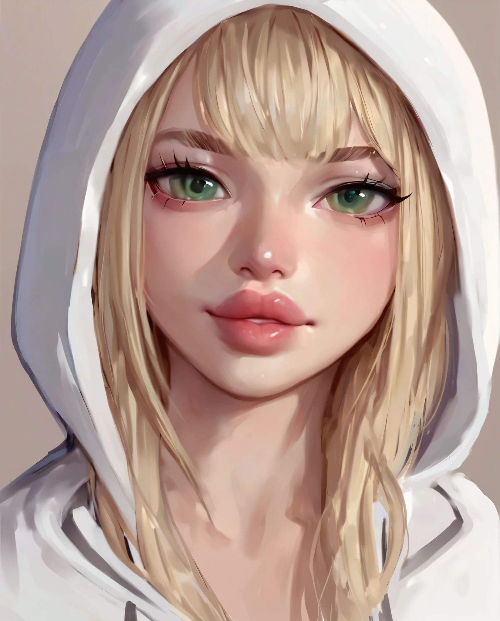 score_9, score_8_up, score_7_up, puririkaaa_style, close-up, portrait, , long hair, green eyes, white hoodie, 1girl, solo, looking at viewer ppl, blonde hair, green eyes, full body, massive lips, black dress