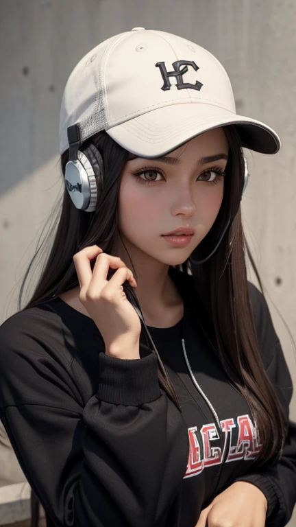 1girl, solo, headphones, hat, baseball_cap, long_hair, brown_eyes, looking_at_viewer, black_hair, lips, long_sleeves, upper_body, closed_mouth, brown_hair, artist_name