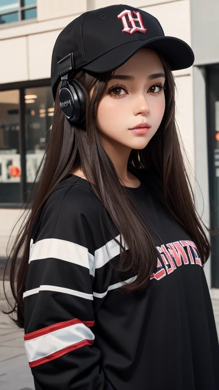 1girl, solo, headphones, hat, baseball_cap, long_hair, brown_eyes, looking_at_viewer, black_hair, lips, long_sleeves, upper_body, closed_mouth, brown_hair, artist_name
