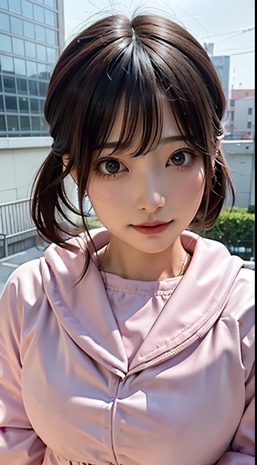((highest quality)), ((masterpiece)), (High Detail:1.3), 。.。.3D, Beautiful poop (cyber punk:1.3) Pink color hair、Hacker woman in white clothes looking at camera、(smile:0.4)
