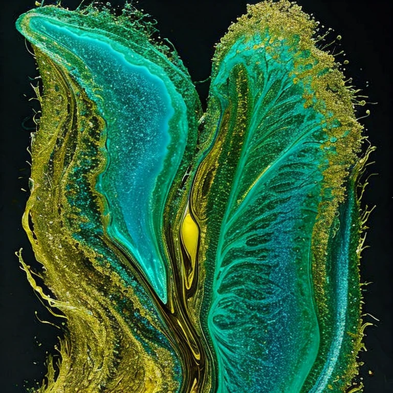 green,Brown,blue,gold,Irregular, abstract, fantastical, and deep fluid art made of yellow.
