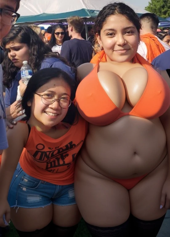 several people are posing for a picture in front of a crowd, profile pic, profile picture, very very low quality picture, having a great time, group photo, with the sun shining on it, hundreds of them, over-shoulder shot, pictured from the shoulders up, karla ortiz, center of picture, wearing an orange t shirt, discovered photo, Big tits, huge tits, no clothes, sexy, cute, minimal clothes, thick, bbw, chubby stomach, thick nipples, nipple piercings, large areola, hard nipples, piercing through shirt, nipples hard through shirt, busty, major cleavage, naked, ripping through top, spilling over sides, bra too tight, giant tits, extra wide hips, upper body zoom in, showing off huge tits, fat stomach, see through top, fat bbw, large areola showing, major cleavage, latina, down to stomach, wide hips, sexy, upper body zoom, thick arm, showing off tits, top half only, showing only upper, height difference, down to waist, tall and short girls, belly worship, tits worship, touching each other sexy, touch other sexy style, tall and short standing next to each other, two thicc girls different heights, no pants, touching , twerk together, height difference