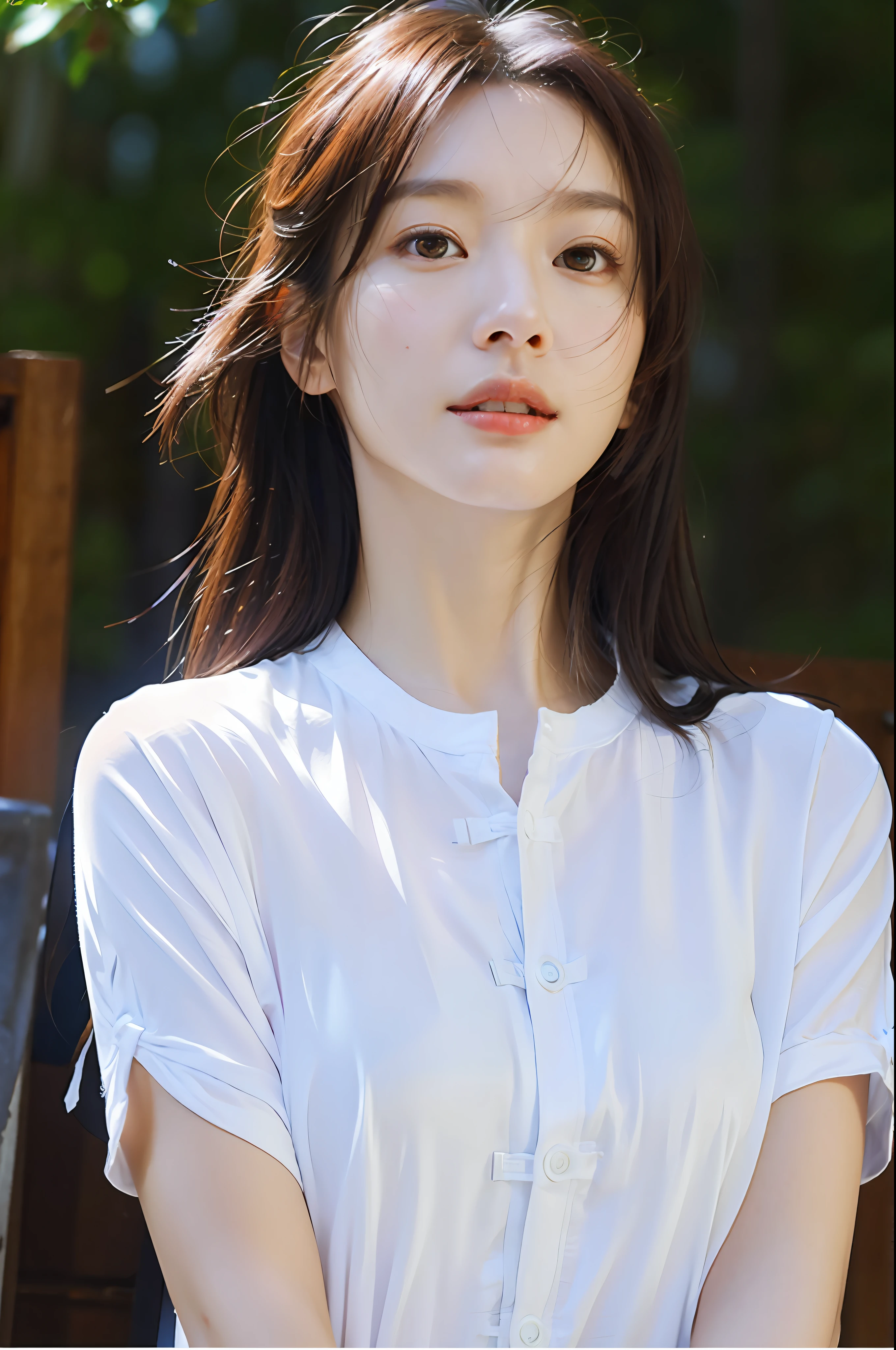 dressed, (photo realistic:1.4), (hyper realistic:1.4), (realistic:1.3),
(smoother lighting:1.05), (increase cinematic lighting quality:0.9), 32K,
1girl,20yo girl, realistic lighting, backlighting, light on face, ray trace, (brightening light:1.2), (Increase quality:1.4),
(best quality real texture skin), finely detailed eyes, finely detailed face,
(tired and sleepy and satisfied:0.0), face closeup, t-shirts,
(Increase body line mood:1.1), shiny skin