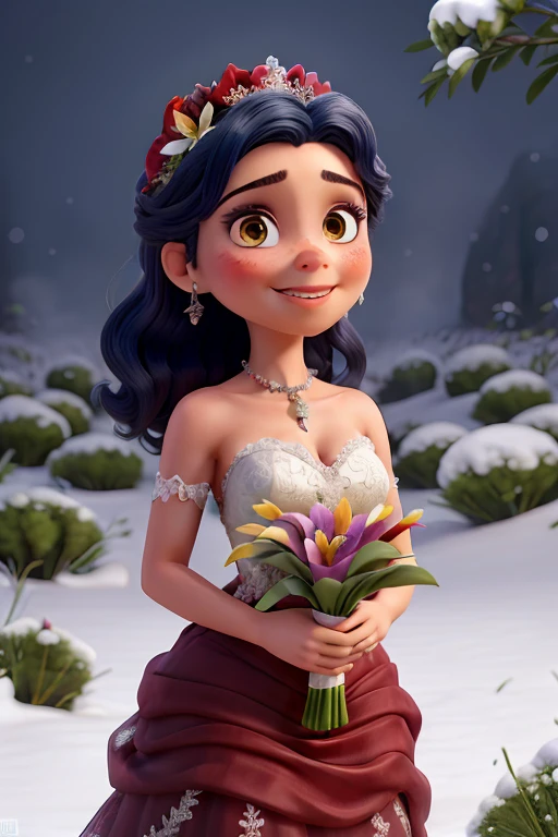Uma garota de cabelo vermelho, com olhos azuis, usando batom preto, wearing a wedding dress and holding a bouquet of lilies in a snow-covered field