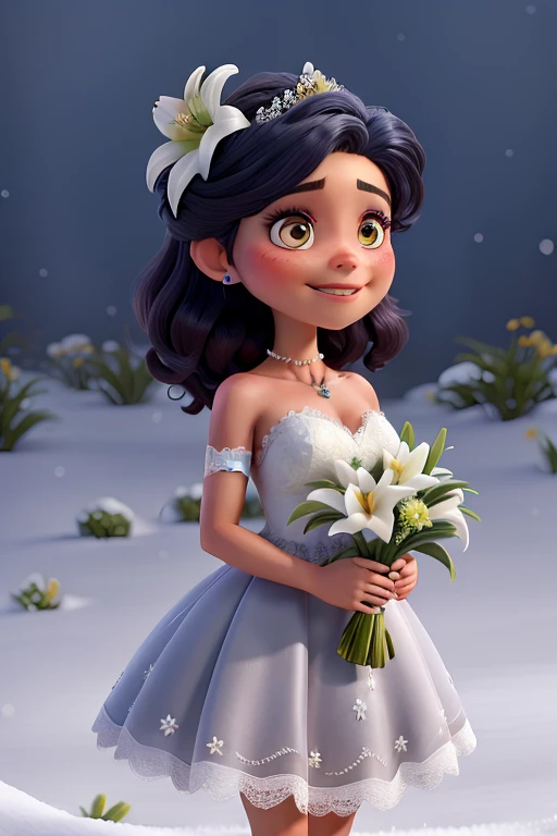 Uma garota de cabelo vermelho, com olhos azuis, usando batom preto, wearing a wedding dress and holding a bouquet of lilies in a snow-covered field