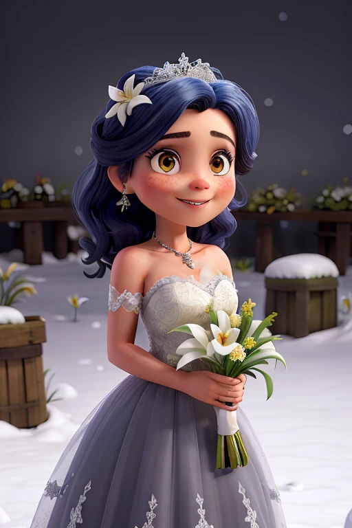 Uma garota de cabelo vermelho, com olhos azuis, usando batom preto, wearing a wedding dress and holding a bouquet of lilies in a snow-covered field