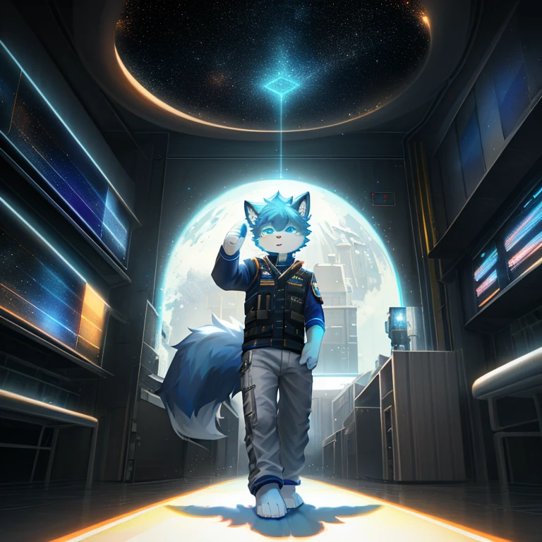 "(High quality sci-fi scenery and shadows,Ray Tracing,Particle Effects,8k resolution),(Cat-eared Shota boy and a huge wolf tail+The ears are big and long)of(White luminous pants+The fur is white of+Yellow and blue luminous clothes),Wearing futuristic sci-fi naval command uniform,Space Helmet,Animal-type feet,Exuding a mysterious and heroic of lovely temperament。"