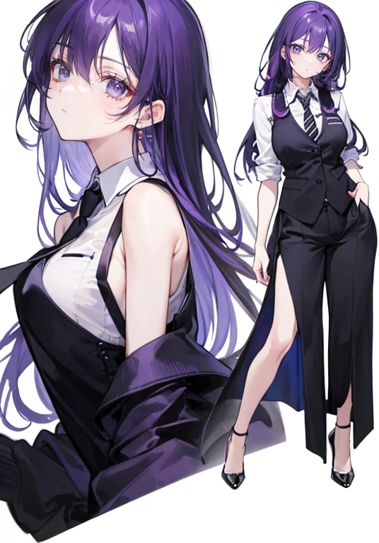 ((Perfect Face)),Purple Hair,Long hair with volume,1 female,bartender,suit,Black vest,Shirt with rolled up sleeves,tie,slit,High heels,Stand with your feet shoulder-width apart,((Simple Background)),smile,((whole body)),((whole body)),Portraiture,virtual,upright,,((Both arms are down)),Standing upright with face and body facing forward,