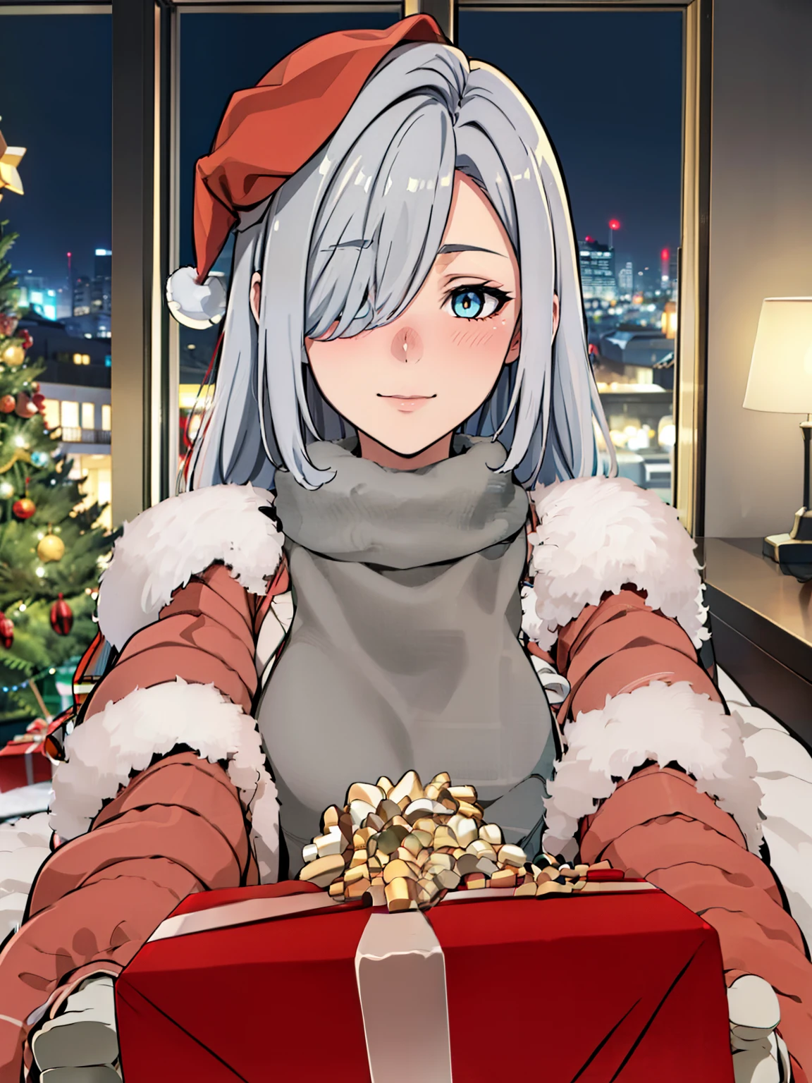 (POV Getting A Present : 1.3), (red santaclaus outfit), red santa claus hat, christmas tree, (luxury bedroom background), ShenheV4, anime cels style, best quality, high resolution, 1girl, (huge breasts:1.2), beautiful face, grey hair, long hair, hair ornament, (hair over one eye), blue eye, cowboy shot, light smile, happy face, blushing