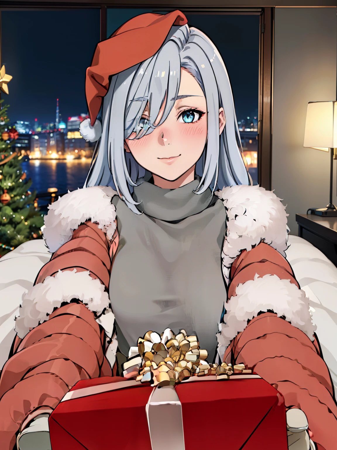 (POV Getting A Present : 1.3), (red santaclaus outfit), red santa claus hat, christmas tree, (luxury bedroom background), ShenheV4, anime cels style, best quality, high resolution, 1girl, (huge breasts:1.2), beautiful face, grey hair, long hair, hair ornament, (hair over one eye), blue eye, cowboy shot, light smile, happy face, blushing