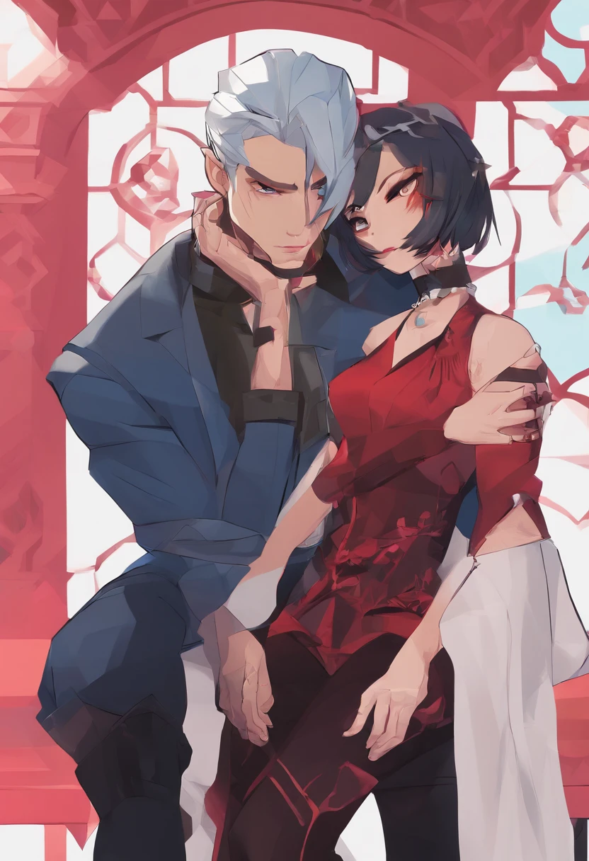 Two vampire Asian men, beautiful sensual, one with ruby eyes, black clothes, glued on, medium pointy teeth, sitting in an armchair, the other, cyan blue eyes, red hair, clothes, black leather pants, red blouse, glued on, black boots, tattoo, black corset, sitting on the arm of the armchair