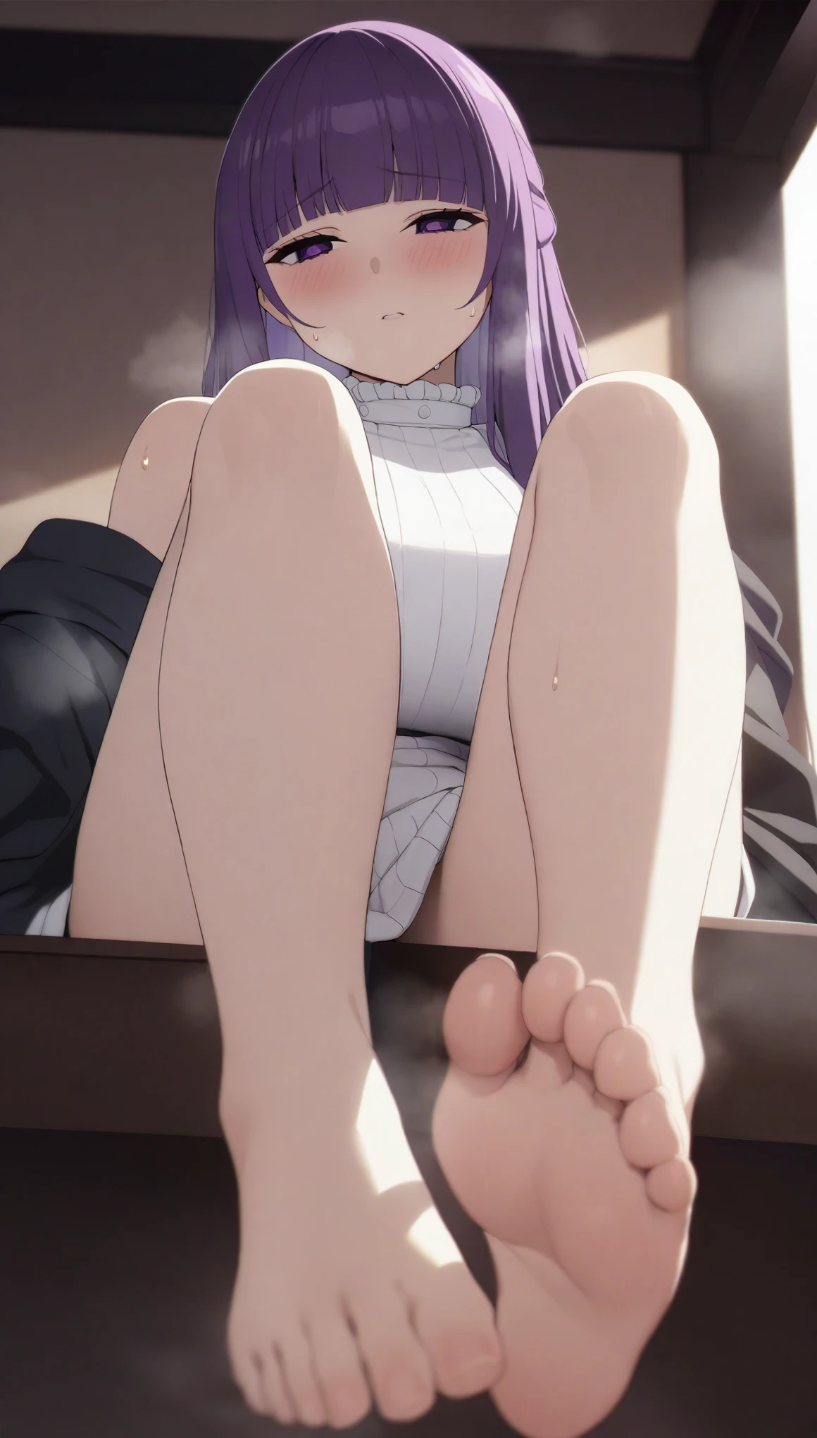 (masterpiece:1.2), hyper detail, best quality, (intricate_details:1.1), beautiful detailed, beautiful hair, solo, 1girl, purple_hair, purple_eyes, long_hair, blunt_bangs, large_breasts, white sleeveless sweater dress, frilled_collar, black_robe,robe half off shoulder,shoulder, sweating,heavy breathing,steam,blush,open robe,half-closed eyes,from below,looking down,flipped hair,sitting,thigh,legs focus,feet,five toes