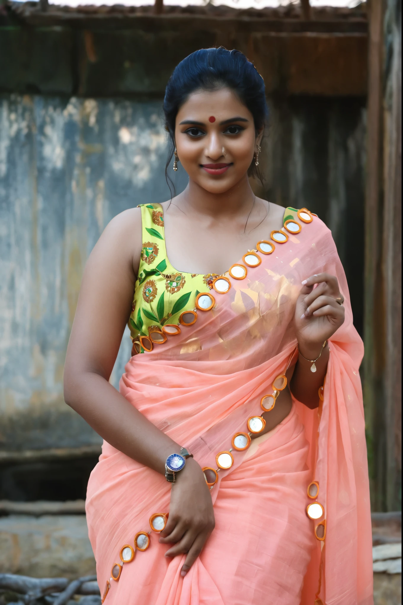 arafed woman in a sari posing for a picture, movie stills photography, movie stills, with lovely look, * colour splash *, with kerala motifs, close body shot, still from a movie, traditional beauty, movie still promotion, ad image, peach and goma style, still shot from movie, in shades of peach, with beautiful colors, very beautiful enga style