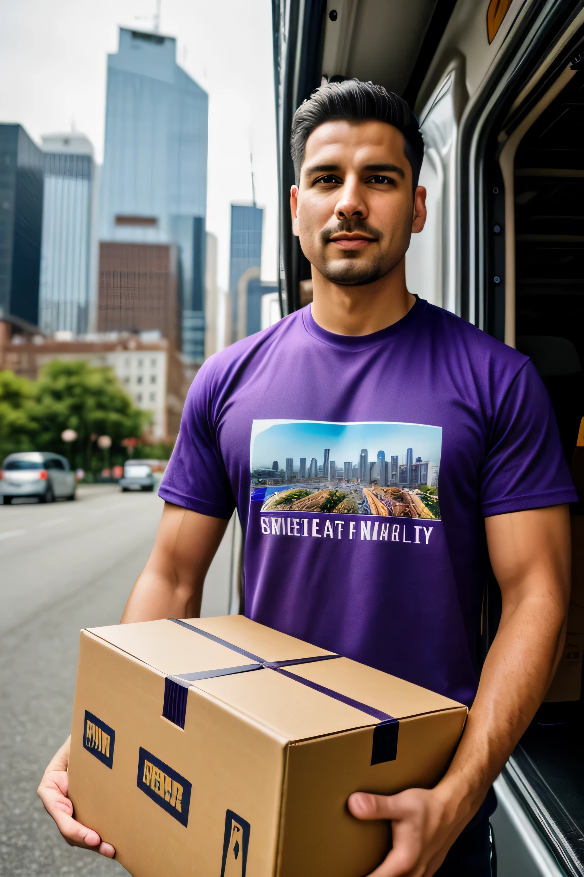 A man in a delivery van, holding a box in hand and wearing a distinctive purple t-shirt, is captured in an 8k photograph. In the background, a highly detailed and cinematic cityscape unfolds, with buildings and structures rendered in exceptional quality. The natural light adds depth and dimension to the scene, creating a realistic and immersive atmosphere. The man's focused expression and the clear, sharp lines of the image convey a sense of urgency and professionalism. This vivid and intricately detailed tableau is a testament to the power of photography to capture the world around us in all its complexity. (delivery man, purple shirt, holding a box, 8k photograph, cityscape, natural