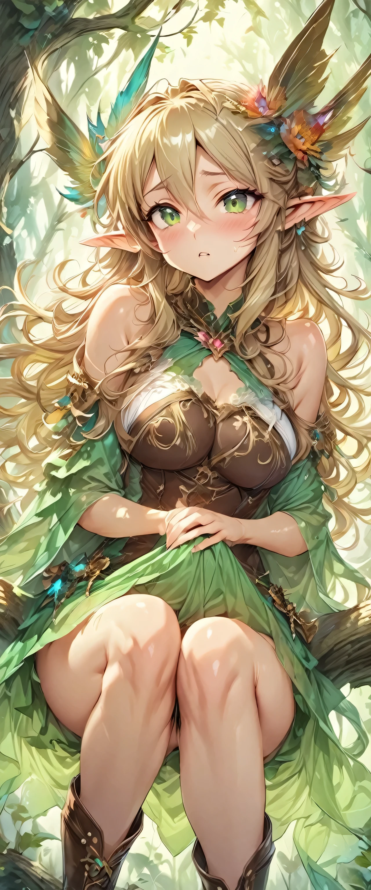 ((masterpiece)), ((best quality)), ((High resolution)), ((Extremely detailed CG unified 8k wallpaper)), ((On a branch deep in the forest:1.3)), ((Elf woman cartoon character, pointed elven ears, Blonde wavy hair, Green Eyes, Bare skin:1.2)), Cowboy shooting, Skin is moist and shiny, Wearing a flowing miniskirt and leather armor with gold embellishments, long leather boots, ((Tilt Head, From the front:1.2)), ((Squat)), 