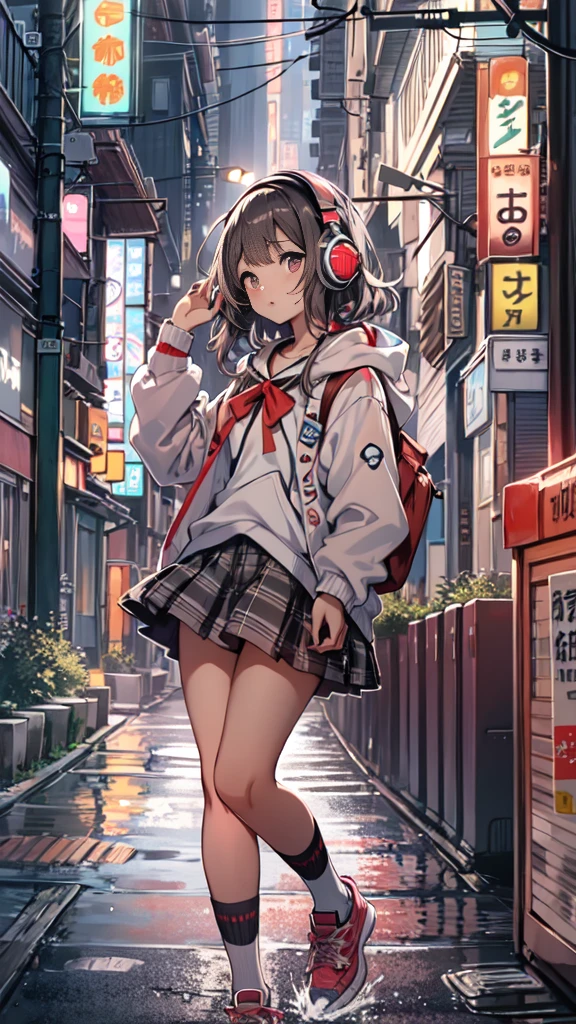 (masterpiece), (highest quality:1.4), (Ultra-high resolution:1.2),  Highly detailed background, (unity 8k wallpaper), Cute high school girl wearing headphones walking through the streets of Tokyo。Illustrations inspired by city pop culture、、Wear loose socks for a stylish and nostalgic look、Display one subject without splitting the screen、************、tall、evening、night、Background sepia