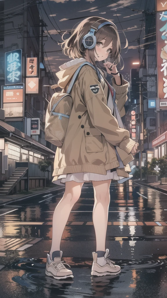 (masterpiece), (highest quality:1.4), (Ultra-high resolution:1.2),  Highly detailed background, (unity 8k wallpaper), Cute high school girl wearing headphones walking through the streets of Tokyo。Illustrations inspired by city pop culture、、Wear loose socks for a stylish and nostalgic look、Display one subject without splitting the screen、17 years old、tall、evening、night、Background sepia