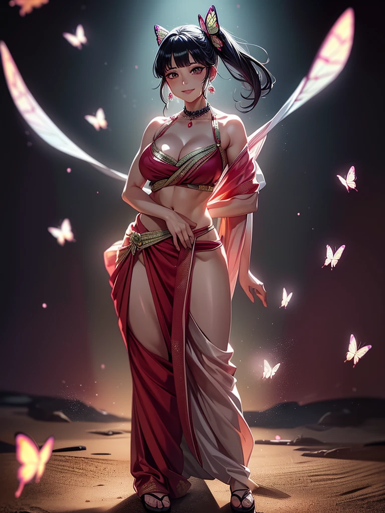 (8k, RAW photos, minino:1.1) ,female,(looki at viewer company),cowboy lens,Japanese,kanao tsuyuri / (demon slayer\),(fullbody saree:1.1),La Brett Piercing,cleavage,(((saree))),seductive smile,Be red on the face, full body photo, standing, lean, muscular legs, muscular belly, black hair, butterfly, butterfly hair ornament, butterfly print, forehead, gradient hair, hair ornament, side ponytail,seductive pose, Professional lighting、photon mapping、physics-based rendering、dark theme,wearing wifs, jewellery and necklace, alone, extreme high quality