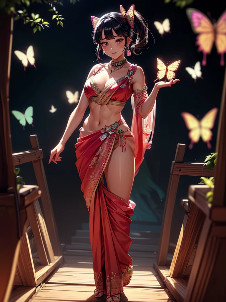 (8k, RAW photos, minino:1.1) ,female,(looki at viewer company),cowboy lens,Japanese,kanao tsuyuri / (demon slayer\),(fullbody saree:1.1),La Brett Piercing,cleavage,(((saree))),seductive smile,Be red on the face, full body photo, standing, lean, muscular legs, muscular belly, black hair, butterfly, butterfly hair ornament, butterfly print, forehead, gradient hair, hair ornament, side ponytail,seductive pose, Professional lighting、photon mapping、physics-based rendering、dark theme,wearing wifs, jewellery and necklace, alone, extreme high quality