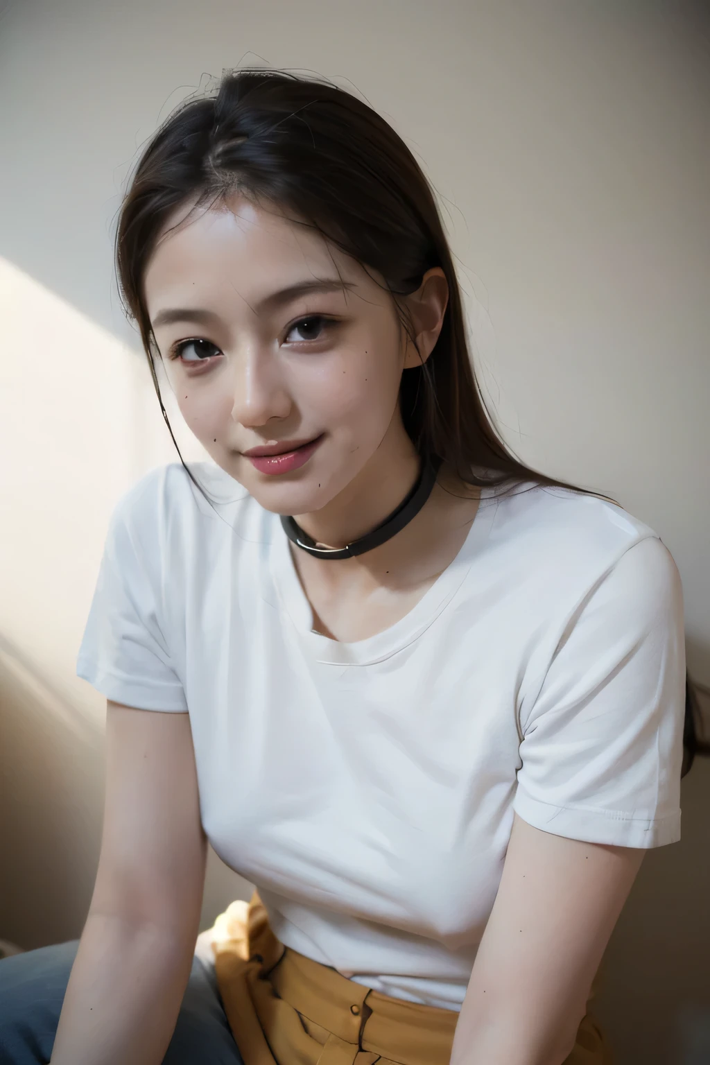 best quality, masterpiece, (photorealistic:1.4), 1girl, light smile, shirt with collars, waist up, dramatic lighting, from below