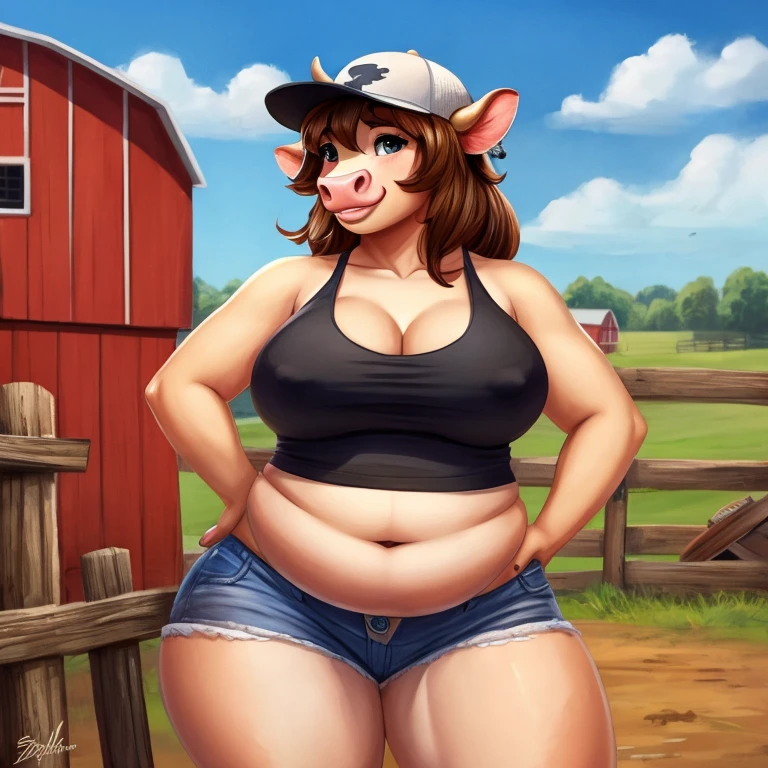 Solo female, cow, bovine, busty, wide hips, chubby, thick thighs, flirty, cute, sexy, tank top, snapback hat, country, farm, southern 