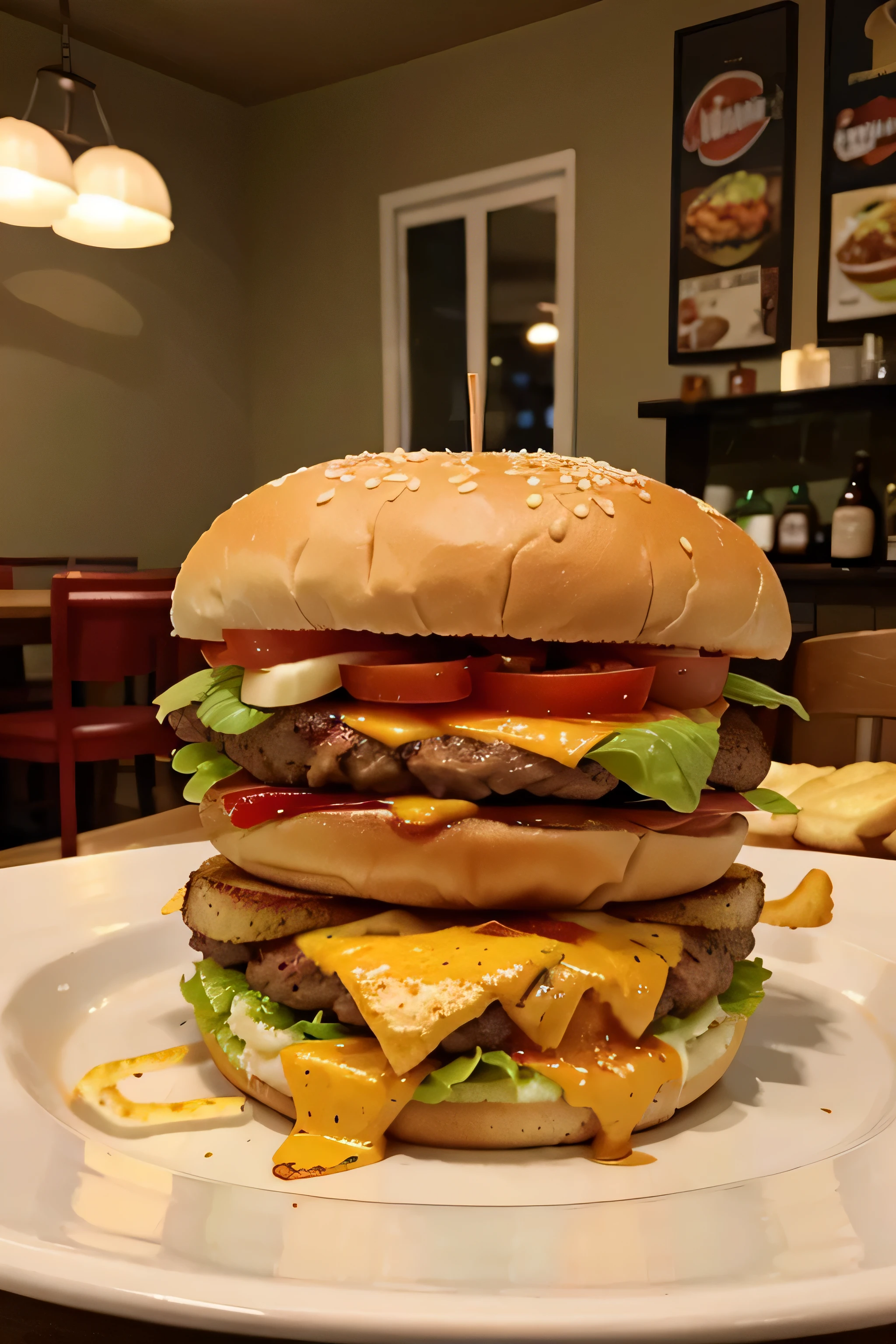 a burger sandwich with tomato cheese, em cima de uma mesa em um restaurante, This sandwich is big and delicious, 8k, real, fotografia, realista