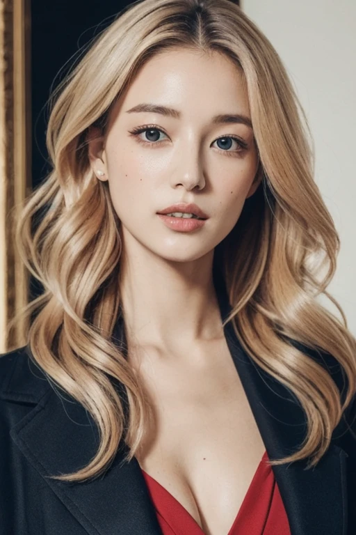 A Russian woman in a gorgeous red dress and black coat, Realistic, highest quality, masterpiece, Japanese women,20-year-old, blonde, Thin Hair, Fine skin, Long Hair, Wavy Hair, Curly Hair, Mole under the eye, Breast augmentation,Positive