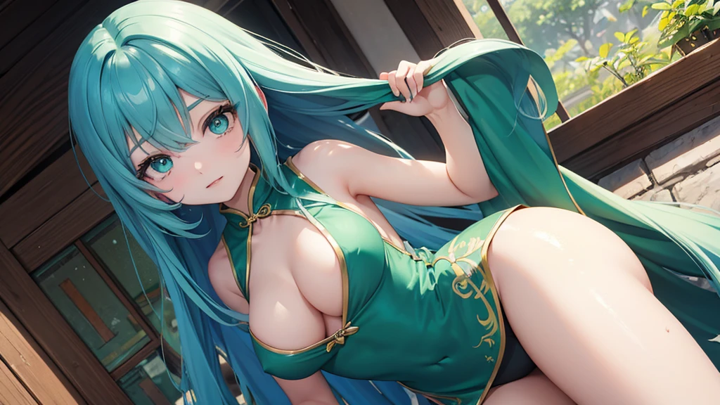 A girl with long blue hair covering one eye, emerald green eyes, and exposed breasts in a cheongsam