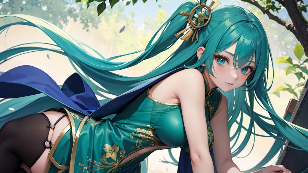 A girl with long blue hair covering one eye, emerald green eyes, and exposed breasts in a cheongsam