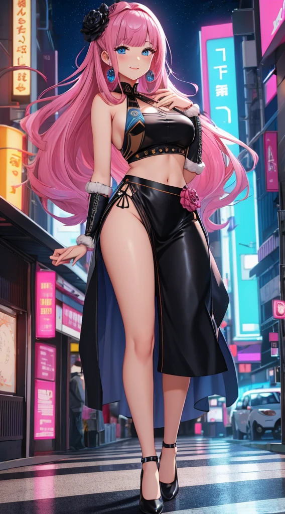 (best quality), 1 girl, ultra-detailed, illustration, shoot shalwar ,1个Giant Breast Girl,pink haired woman,Fighting posture,Indian dress, black shoot shalwar,black glove,Sports bra,jewely,black shoot shalwar,J thighs。Pink hair,drill bit,Asymmetrical hair,Wear gold and silver(work of art), (masterpiece), (best quality), a, (blue eyes), wearing Indian dress , brightly lit night city background, red bow, , butts , full figure head to toes , standing beside poles ,, beautiful cute smile, wearing black leather shoes, heels shoes pink black color