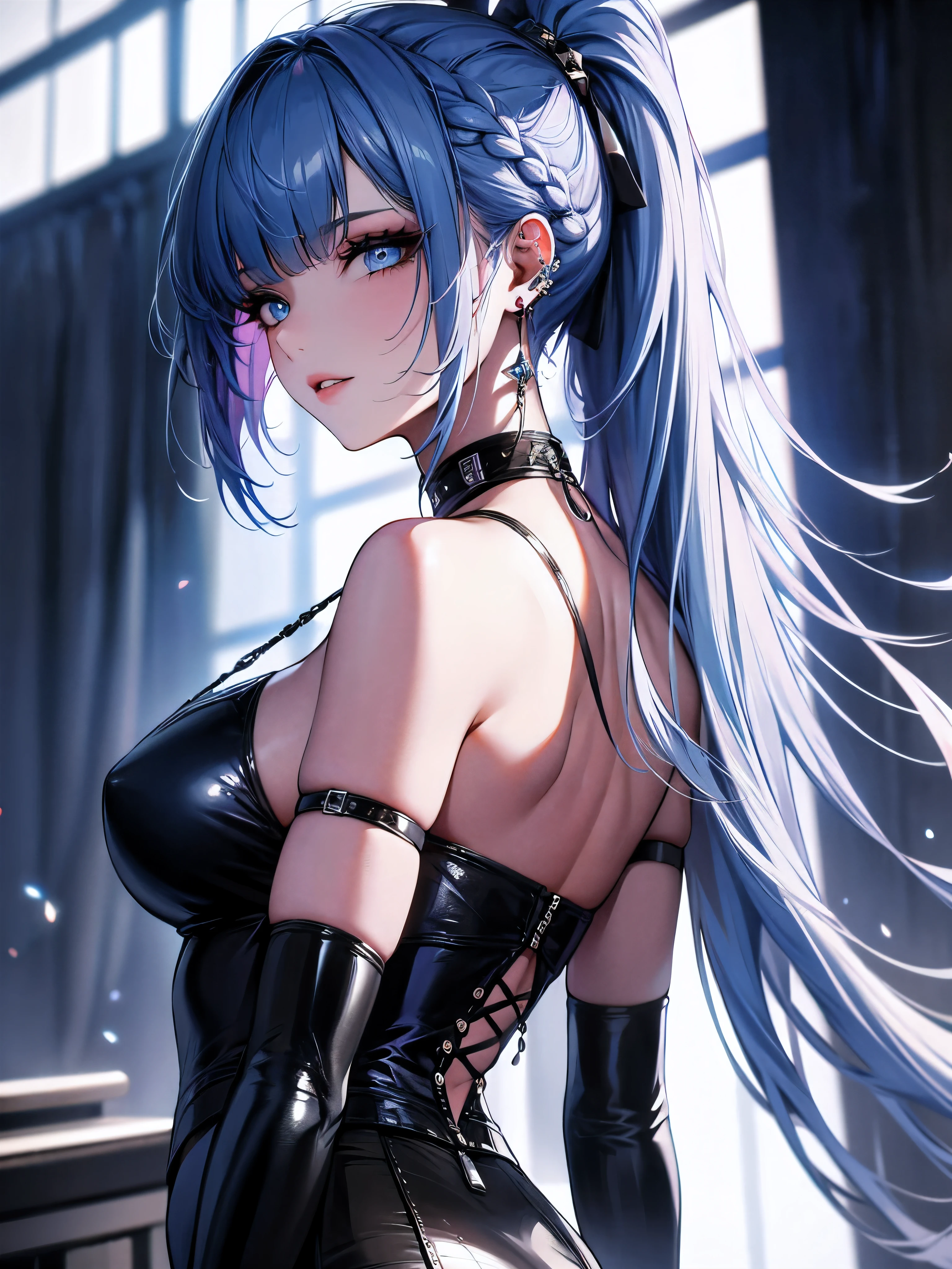 1demongirl, aqua eyes, back, bangs, bare shoulders, black gloves, blue eyes, braid, choker, earrings, fingerless gloves, from behind, gloves, grey hair, holding, jacket, jewelry, long hair, looking at viewer, looking back, nail polish, off shoulder, parted lips, piercing, ponytail, red jacket, solo, upper body,baiyi,[[realistic]],(shiny skin),(masterpiece:1.4),(best quality:1.4)