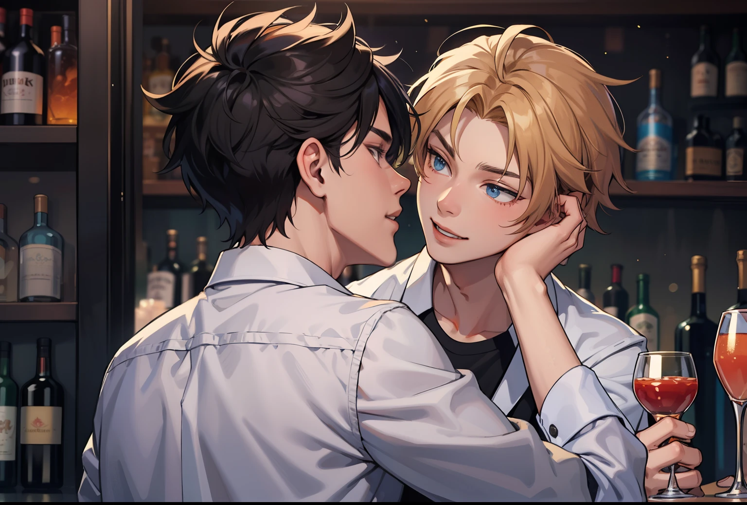 two  boys are in a bar at a party having a few drinks of liquor