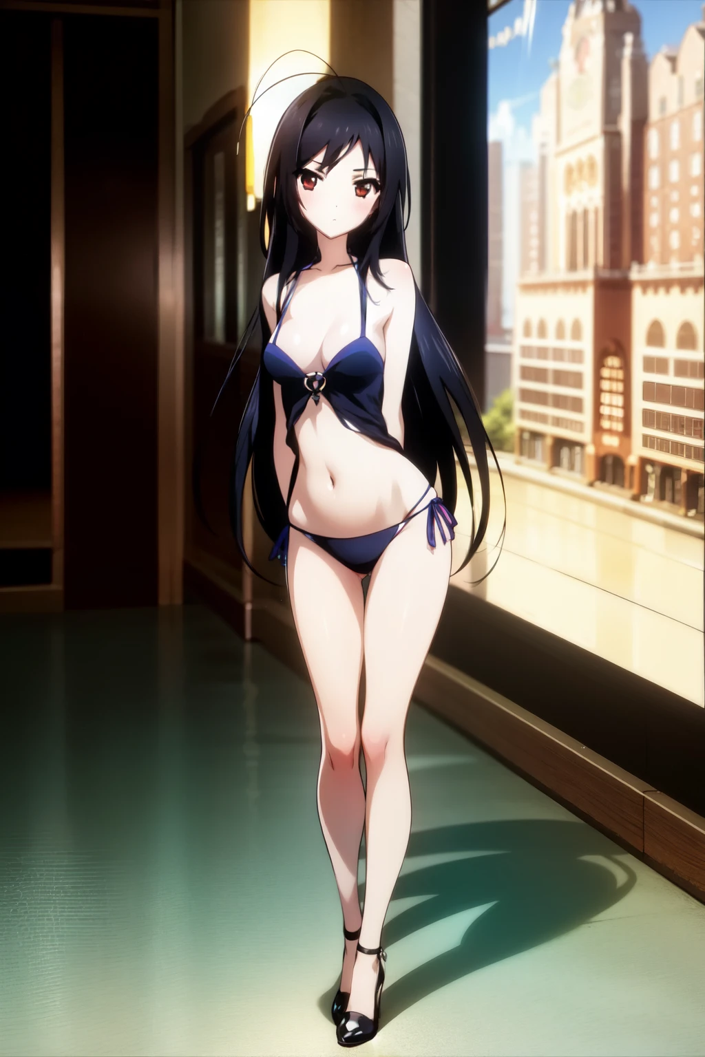1girl, sorry expression, (extremely detailed, realistic, intricate details, highres), 3d, cg, blush, eyeliner, eyeshadow, eyelashes, (cinematic lighting, sunlight, volumetric), perfect hands,masterpiece, best quality, absurdres, Kuroyukihime antenna hair, nice hands, perfect hands, beaufitul hand, beautiful finger, BREAK poolside, sharp focus, (perfect anatomy),, [Cinematic lighting|Volumetric Lighting], looking at viewer,perfect sexy legs,elegant black bikini,graceful,full body,black heels,(standing),(arms behind back),