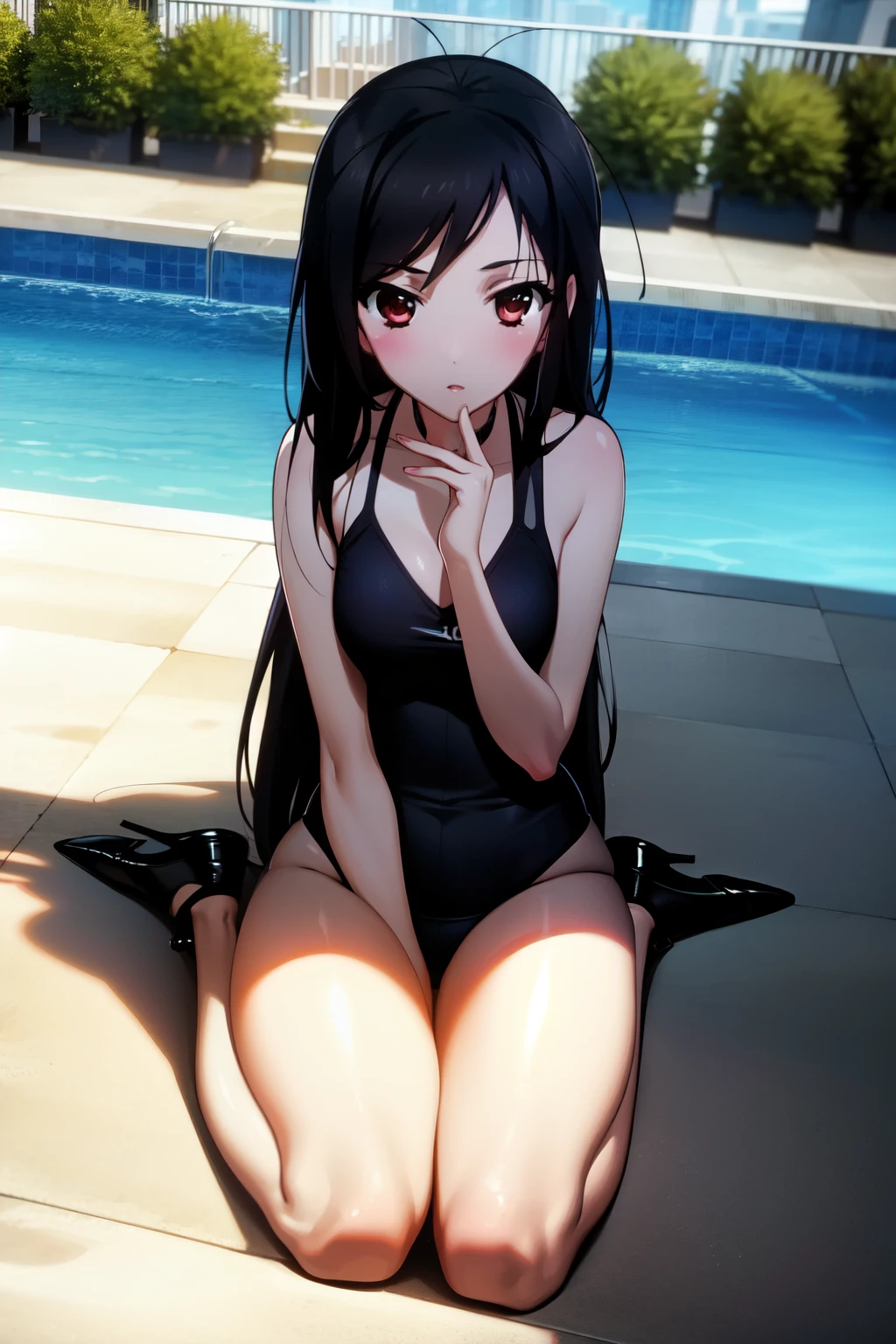 1girl, sorry expression, (extremely detailed, realistic, intricate details, highres), 3d, cg, blush, eyeliner, eyeshadow, eyelashes, (cinematic lighting, sunlight, volumetric), perfect hands,masterpiece, best quality, absurdres, Kuroyukihime antenna hair, nice hands, perfect hands, beaufitul hand, beautiful finger, BREAK poolside, sharp focus, (perfect anatomy),, [Cinematic lighting|Volumetric Lighting], looking at viewer,perfect sexy legs,black swimsuit,elegant black bikini,graceful,full body,black heels,