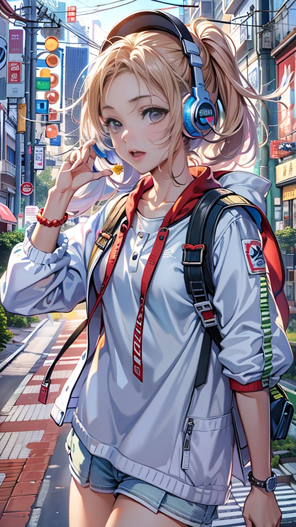 (masterpiece), (highest quality:1.4), (Ultra-high resolution:1.2),  Highly detailed background, (unity 8k wallpaper), Cute high school girl walking through the streets of Tokyo with headphones on。Illustrations inspired by city pop culture、、Wear loose socks for a stylish and nostalgic look、Displaying one subject without splitting the screen、************、expensive