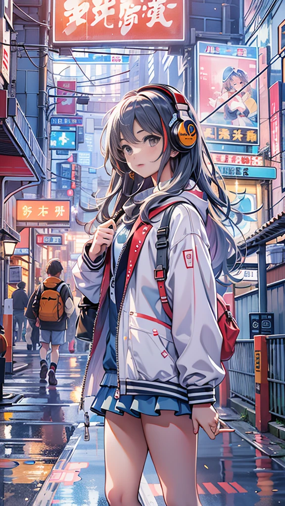 (masterpiece), (highest quality:1.4), (Ultra-high resolution:1.2),  Highly detailed background, (unity 8k wallpaper), e high school girl walking through the streets of Tokyo with headphones on。Illustrations inspired by city pop culture、、Wear loose socks for a stylish and nostalgic look、Displaying one subject without splitting the screen、17 pensive