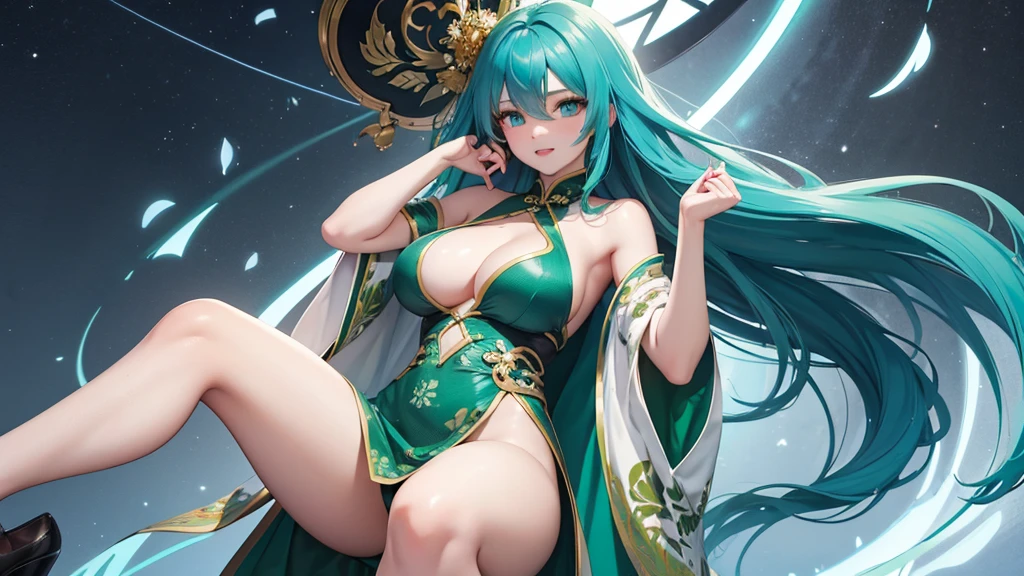 A girl with long blue hair covering one eye, emerald green eyes, and exposed breasts in a cheongsam