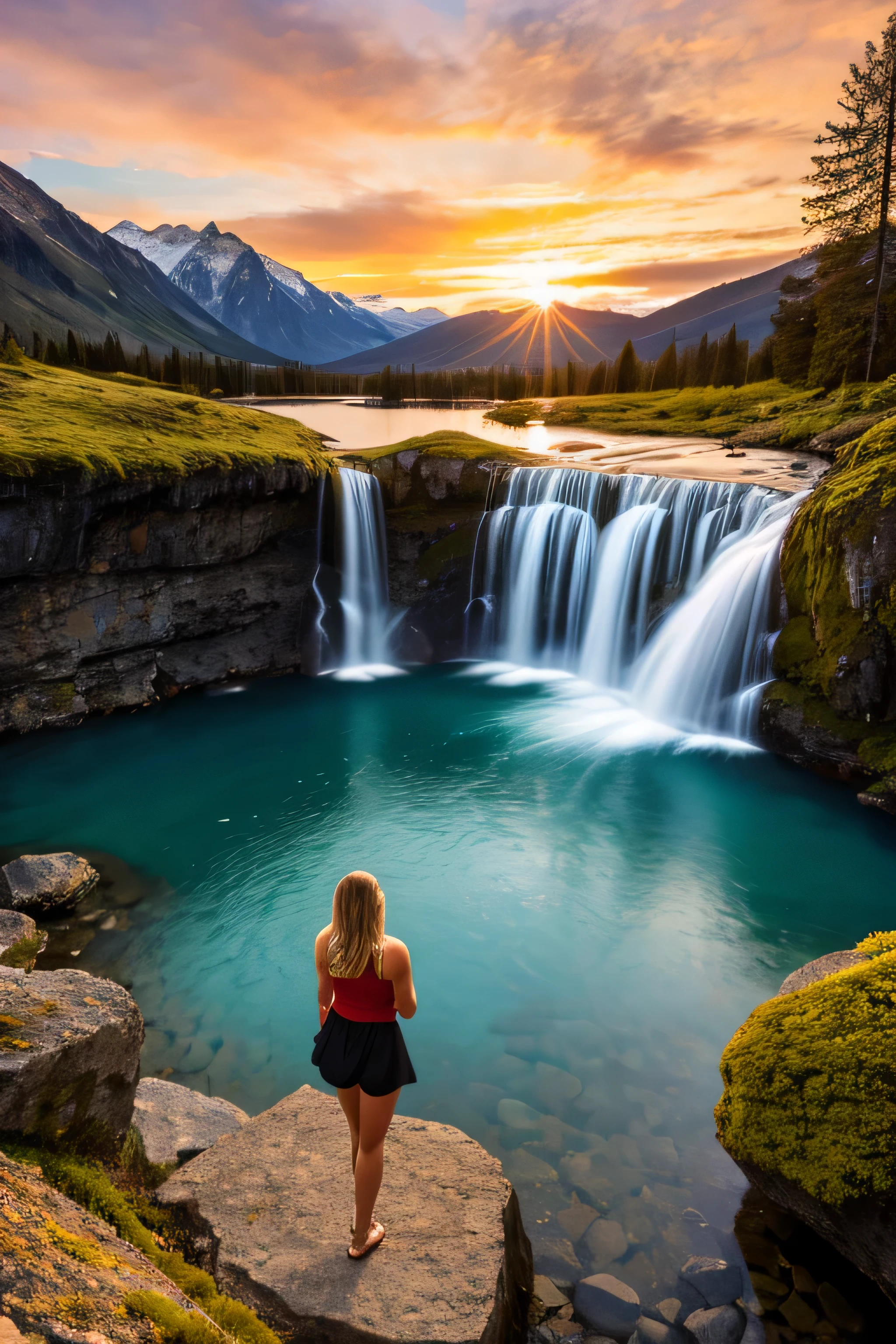 waterfall landscape in the mountains Ultra realistic sunset image with beautiful blonde woman, fotografia, 8k